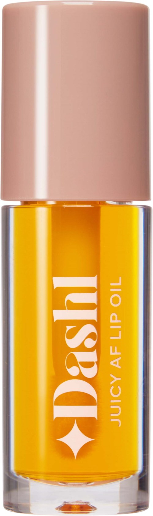 Bright yellow lip oil in a small transparent bottle with a beige cap, labeled Dashes Juicy AF Lip Oil.