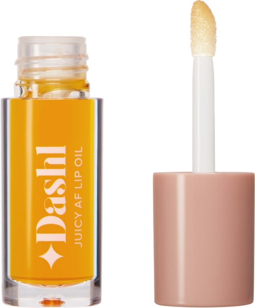 Lip oil container with a yellow label and an applicator stick outside, showing a cushioned tip.