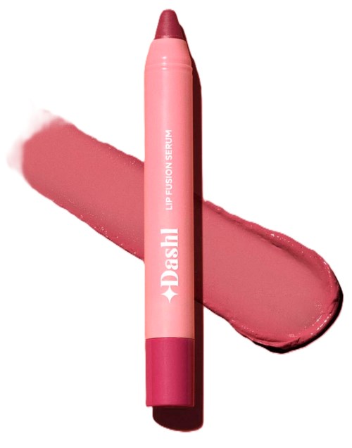 A pink lip balm stick with a swatch of lip gloss behind it. The stick is labeled 'Lip Fusion Serum'.
