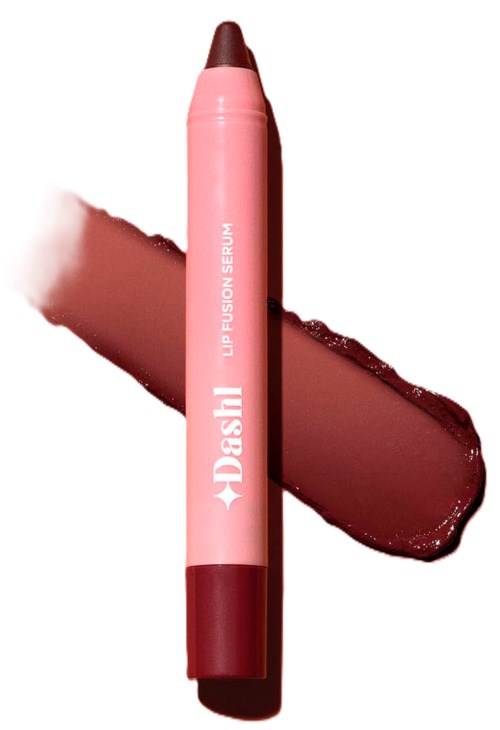 Roze lippotlood met de tekst "Dashi Lip Fusion Serum" en een bruinrode punt.