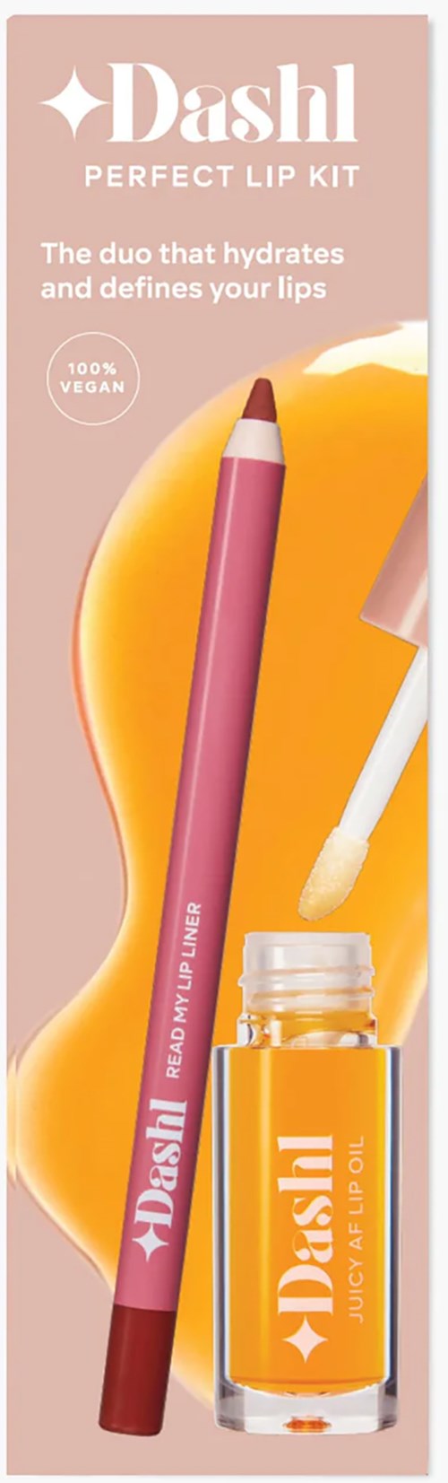 Een lipsetts bestaat uit een potlood en een klein potje oranje lipgloss met merk en simpel ontwerp.