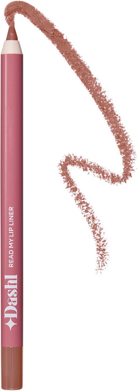 Roze lip liner potlood met een romige textuur, tekent een gebogen lijn op een witte achtergrond.