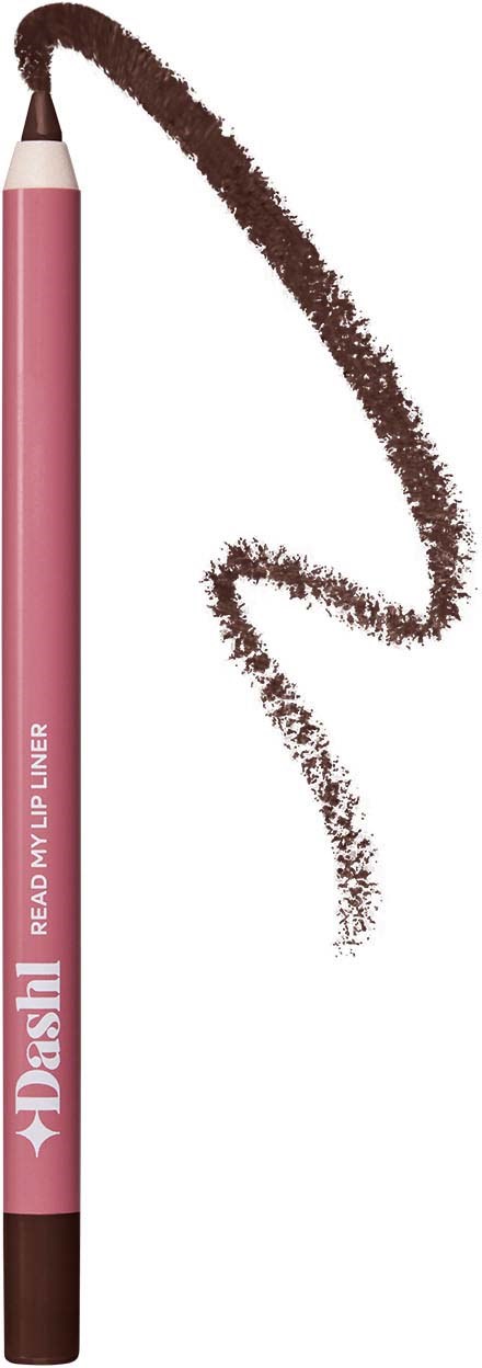 A pink lip liner pencil with the brand name 'Dashl' on it, drawing a curved line.