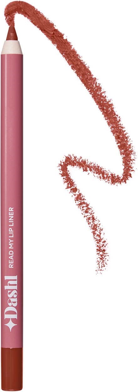 A pink lip liner pencil with a brown tip and a curved red mark made by its tip.