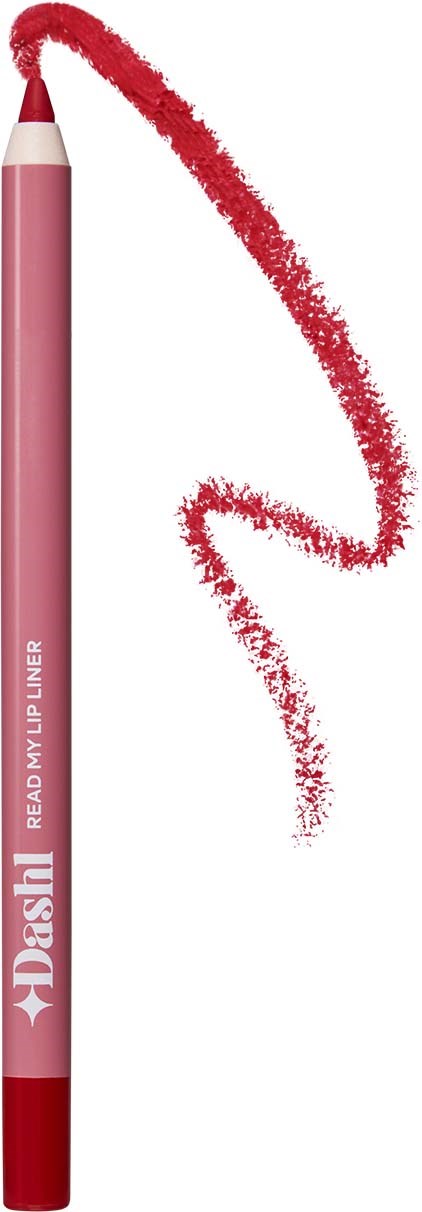 A pink lip liner pencil with a red tip and the word "Dash" on it, drawing a curved red line.