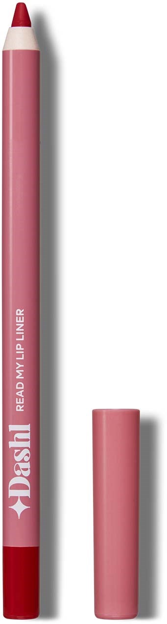 A pink lip liner pencil with a red tip and a cap beside it.