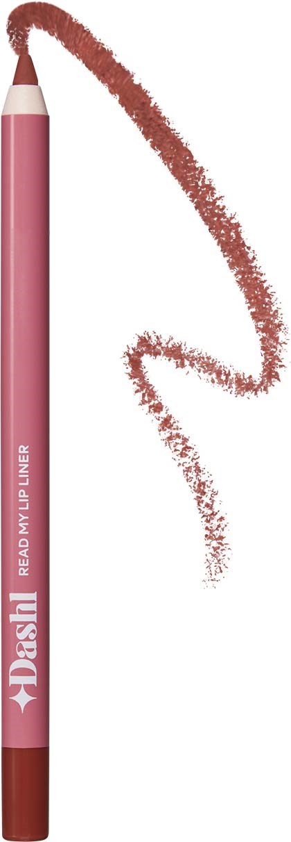 A pink lip liner pencil draws a curling line on a white background.