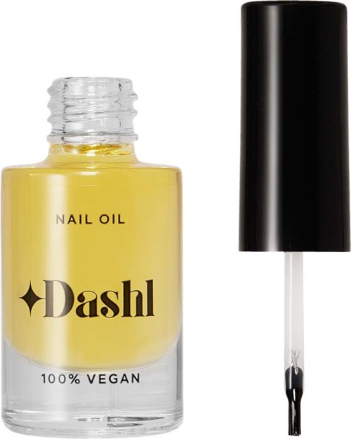 Keltainen kynsien öljylasipullo, jossa musta korkki ja sivellin, nimikyltti 'Dashl' ja '100% VEGAN.'