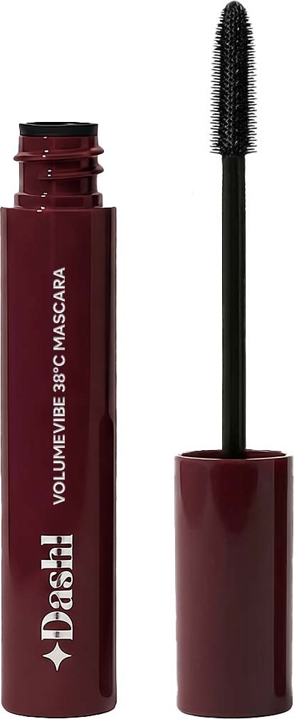 Een donkerrood mascara-hulsje met een zwarte borstel en kam erin, gelabeld Volume 3D.8C Mascara.
