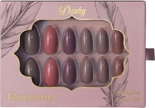 Doos met 12 nepnagels in verschillende roze en paarstinten. Roze verpakking met decoratieve bladtekeningen.