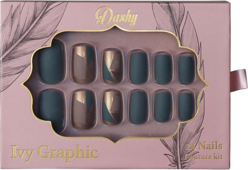 Een roze doos met 20 gekleurde nagels, sommige teal en sommige met goudaccenten, met de tekst 'Ivy Graphic' en 'DASHY'.