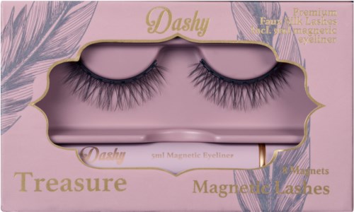 Roze doos met nepwimpers, magnetische wimperset en decoratieve tekst op de verpakking.