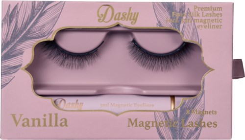 Roze doos met venster waarop valse wimpers met 'Vanilla' en 'Magnetic Lashes' staan.