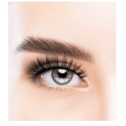 Close-up van een blauw oog met lange wimpers en verzorgd wenkbrauw.