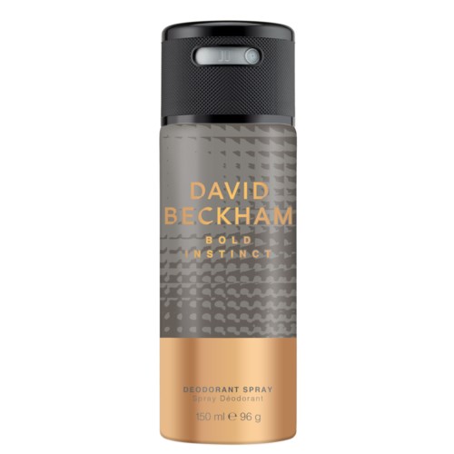 Deodorant-Sprühflasche in Schwarz, Grau und Gold, mit der Aufschrift "David Beckham Bold Instinct," 150 ml.