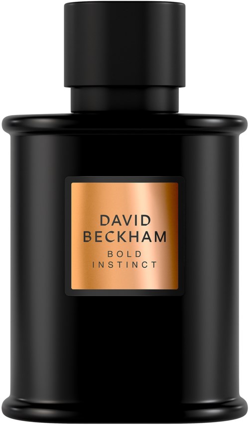 Schwarze Parfüfflasche mit kupferfarbenem Etikett, das "David Beckham Bold Instinct" sagt.