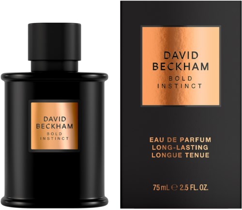 Eine schwarze Parfüflasche mit Goldlabel und passender Verpackung, bezeichnet David Beckham Bold Instinct, 75 ml.