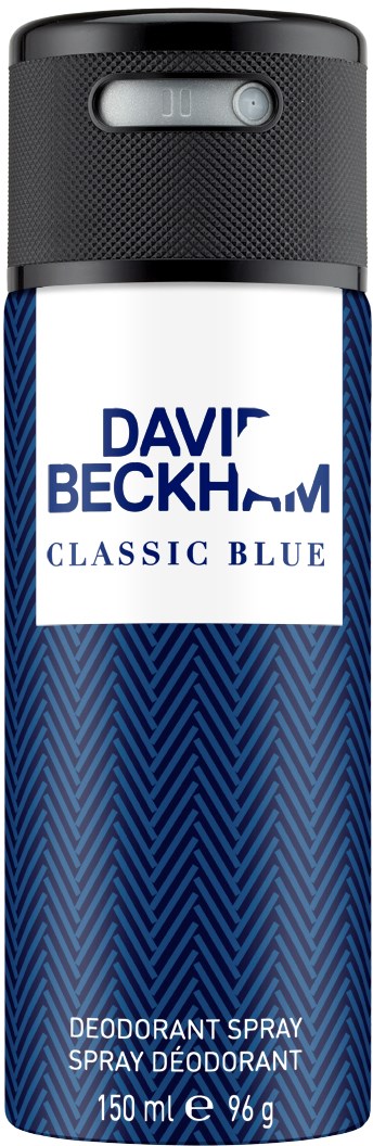 Verpalette mit David Beckham Classic Blue Deodorant, blauer Musterkörper und schwarzer Deckel, mit Etikett.