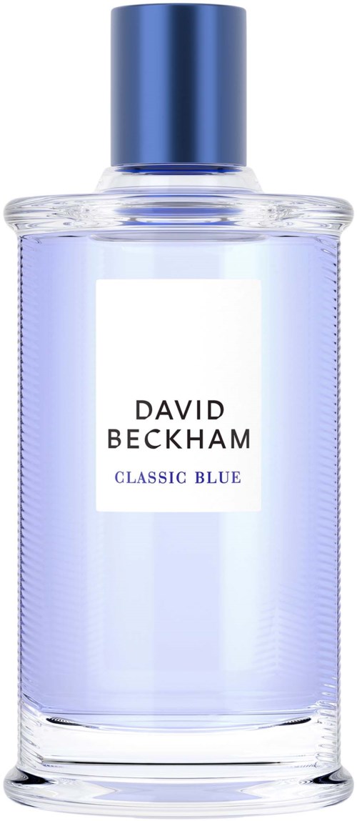 En parfymflaska med namnet David Beckham Classic Blue, blå kork och klar glas med en vit etikett.