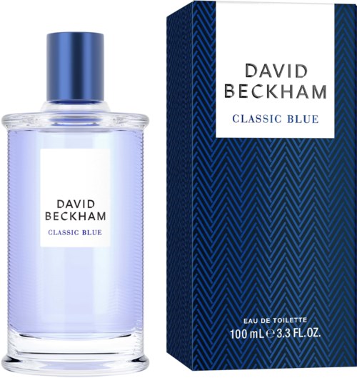 En parfyllåda märkt 'David Beckham Classic Blue' bredvid sin blå mönstrade box.