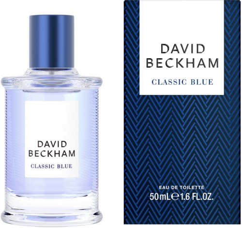 Een parfumfles en doos met 'David Beckham Classic Blue,' blauw-wit ontwerp, 50ml.