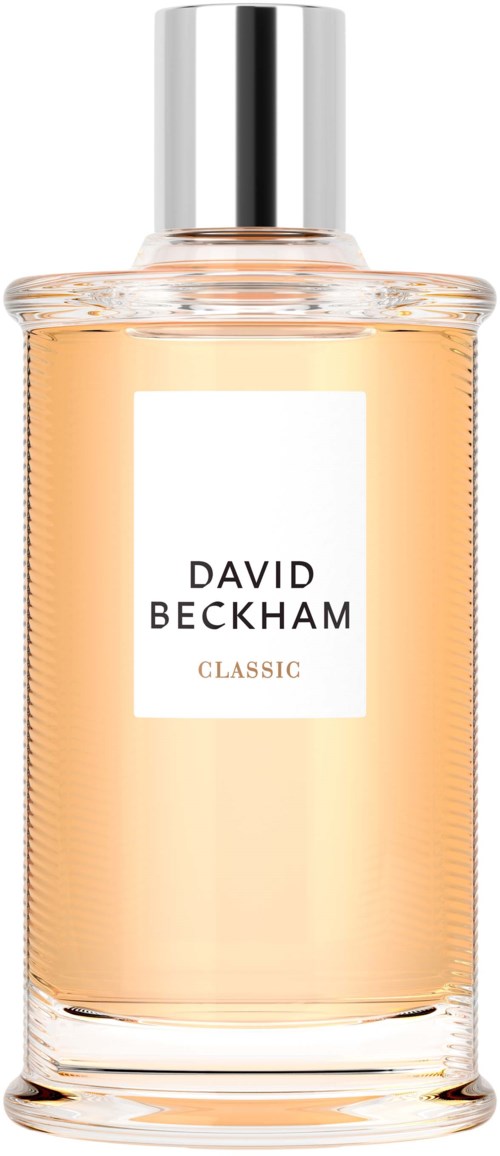 Ein Parfümflasche mit dem Label 'David Beckham Classic' aus klarem Glas mit silberner Kappe.