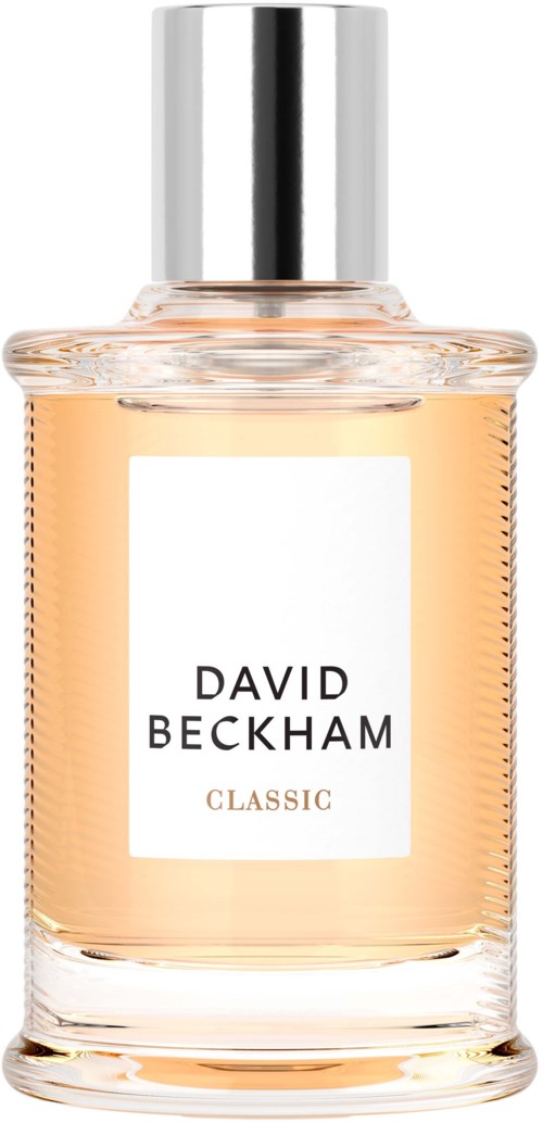 Ein Parfümflasche mit dem Etikett 'David Beckham Classic' und silberner Kappe mit pfirsichfarbiger Flüssigkeit.