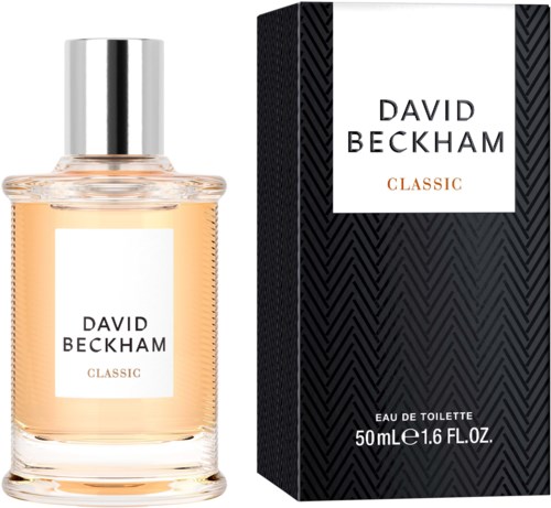 Ein Parfümflasche mit silberner Kappe und passender Verpackung, beschriftet 'David Beckham Classic'.