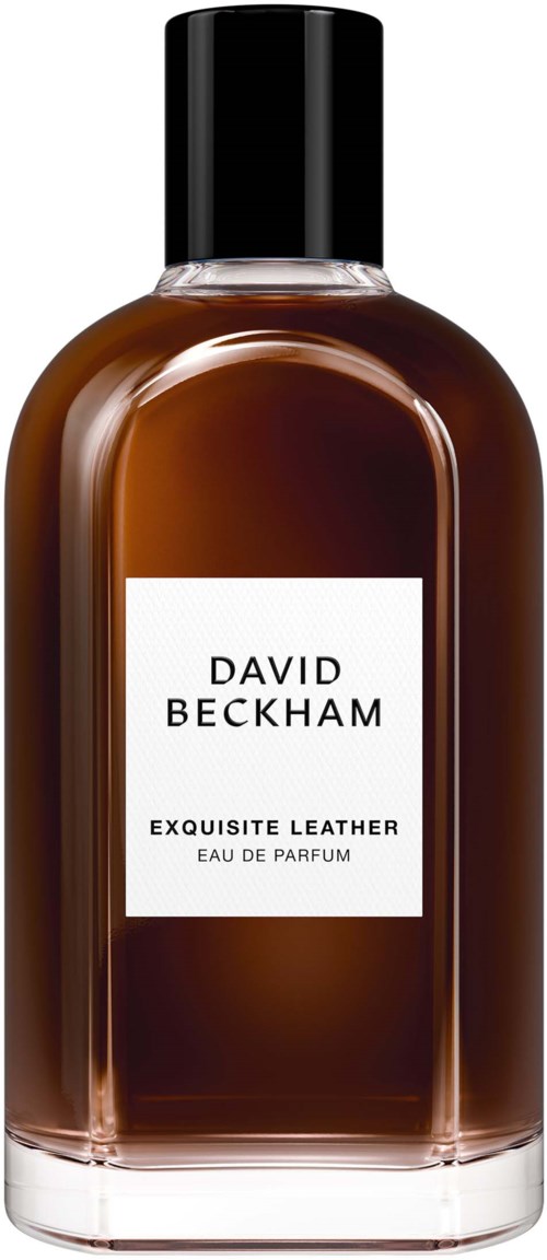 Eine braune Parfüfflasche mit schwarzem Deckel, beschriftet mit 'David Beckham Exquisite Leather Eau de Parfum'.