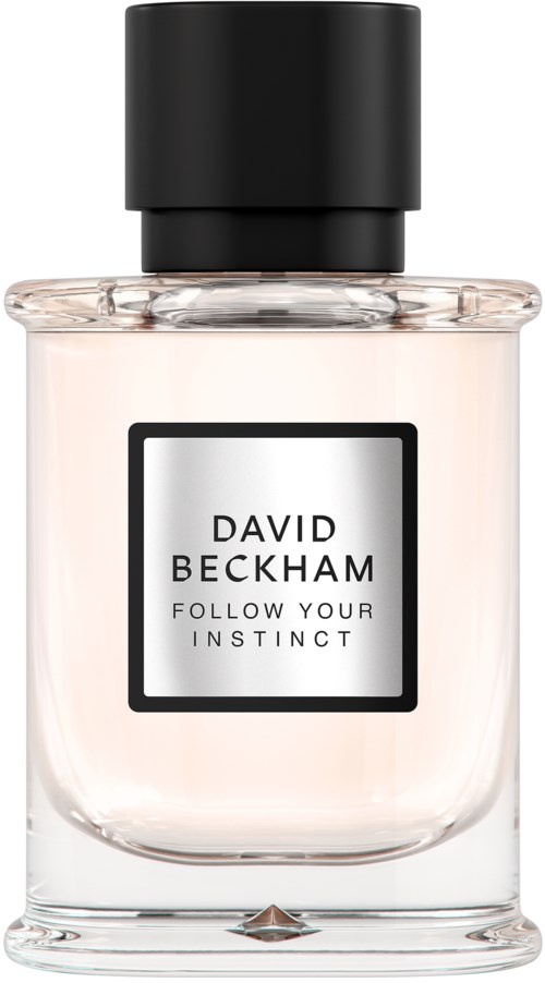 Eine Glasparfümflasche mit schwarzem Deckel, beschriftet 'David Beckham Follow Your Instinct'.