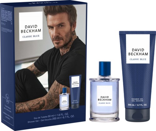 Ett herrparfympresentset med parfymflaska, duschgel och en box med David Beckhams bild.