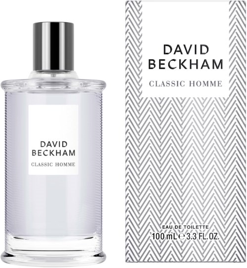 Eine Flasche David Beckham Classic Homme Parfüm neben einer Box mit schwarzen und weißen Zickzack-Muster.