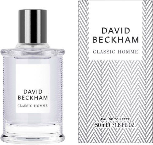 Ein Parfümflasche mit der Aufschrift 'David Beckham Classic Homme' neben einer Box mit grauem Muster.