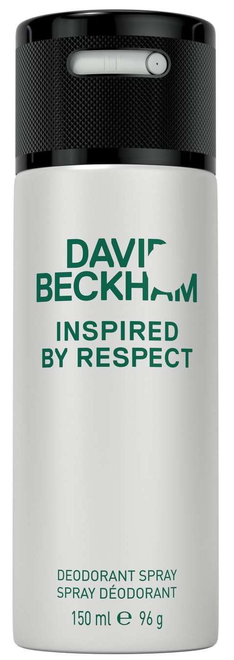 Eine weiße Deodorant-Sprayflasche mit schwarzem Deckel, grüner Text sagt 'David Beckham Inspired by Respect,' Kapazität 150 ml.