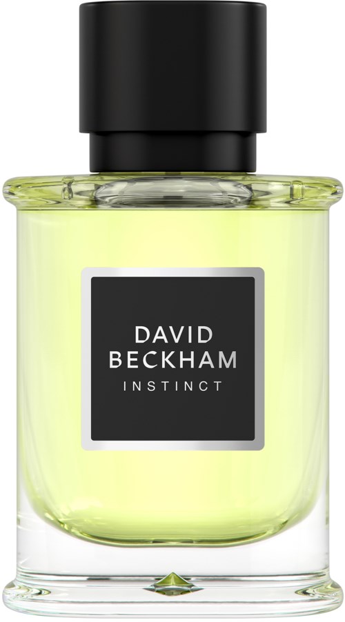 Eine Parfüfflasche mit der Aufschrift 'David Beckham Instinct' und hellgrüner Flüssigkeit.