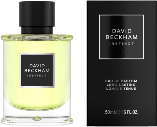 Ein Parfümflasche mit schwarzem Deckel und eine schwarze Schachtel, beide mit "David Beckham Instinct" beschriftet.