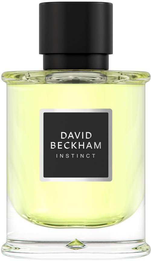Ein durchsichtiges Glasflasche mit gelbem Parfüm, schwarzem Deckel und schwarzem Etikett mit der Aufschrift 'David Beckham Instinct.'
