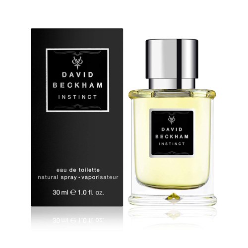 Eine Parfüfflasche mit schwarzer Box. Die Box und Flasche tragen die Aufschrift 'David Beckham Instinct'.
