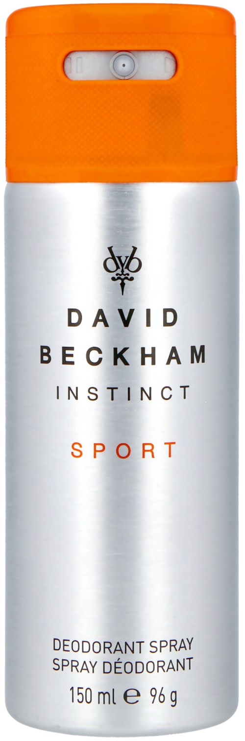 Ein silberner und oranger Deo-Spray mit der Marke David Beckham Instinct Sport. Enthält 150 ml.