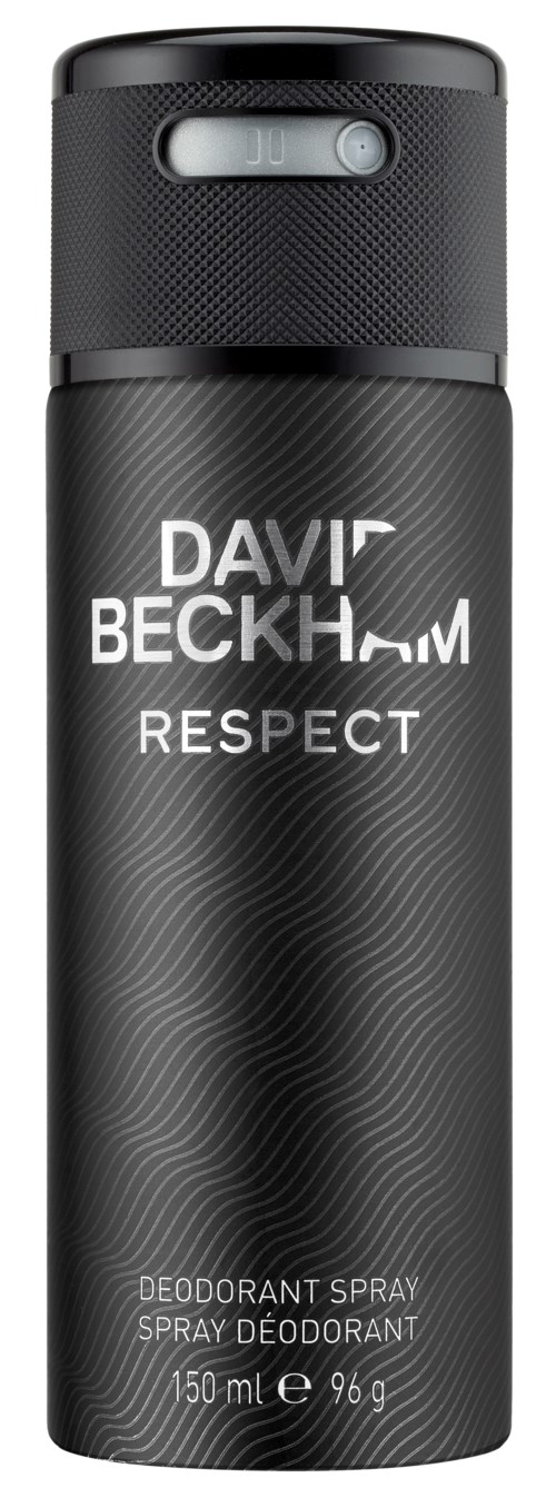 Schwarze Spraydose mit Textur, beschriftet als David Beckham Respect Deodorant, 150ml.