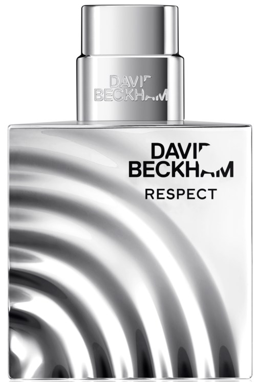 Eine silberne Parfümflasche mit schwarzem und weißem abstraktem Design und den Worten 'David Beckham Respect'.