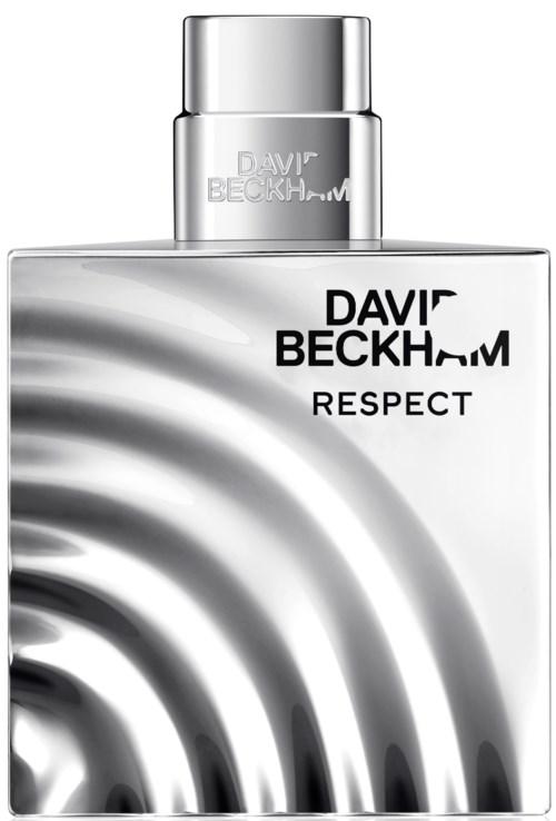 Ein eleganter silberner Flasche mit schwarz-weißen Spiralmuster, beschriftet 'DAVID BECKHAM RESPECT'.