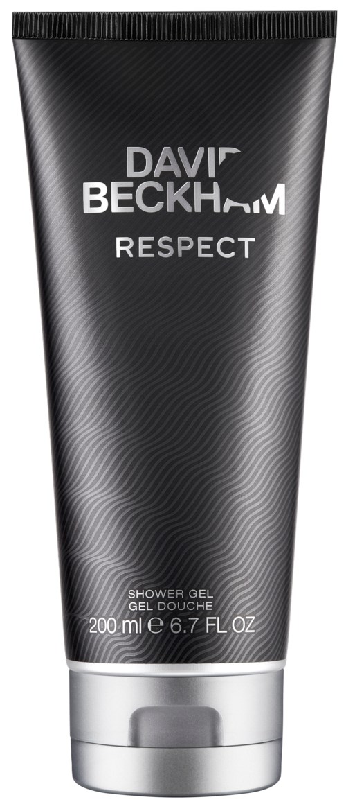 Ein schwarzer und silberner Tuben mit Duschgel namens David Beckham Respect. Es enthält 200 ml.