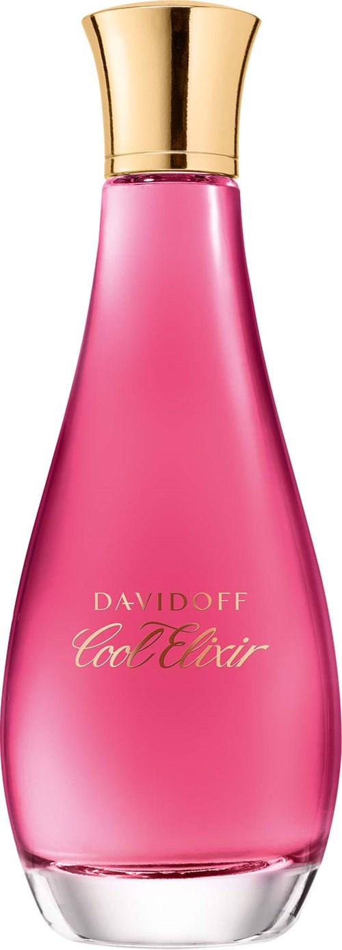 Pink perfume bottle with a gold cap and the text Davidoff Cool Elixir on the front.