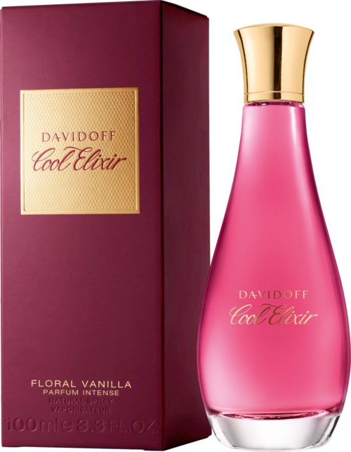 Pink floral vanilla perfume bottle with gold cap next to its matching box labeled Davidoff Cool Elixir.