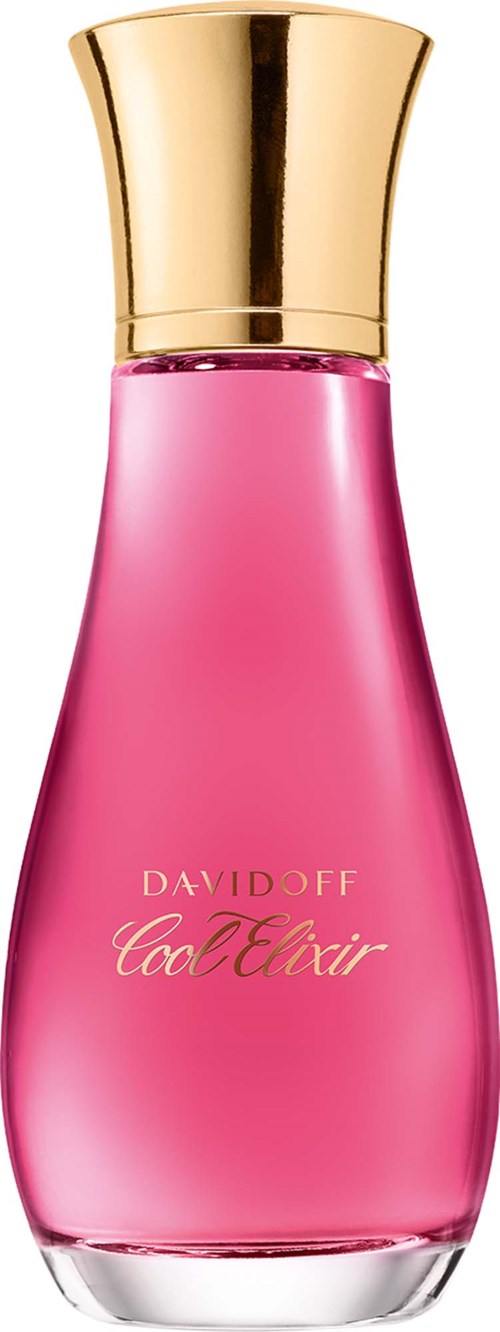 A pink perfume bottle with a gold cap, labeled Davidoff Cool Elixir, on a white background.