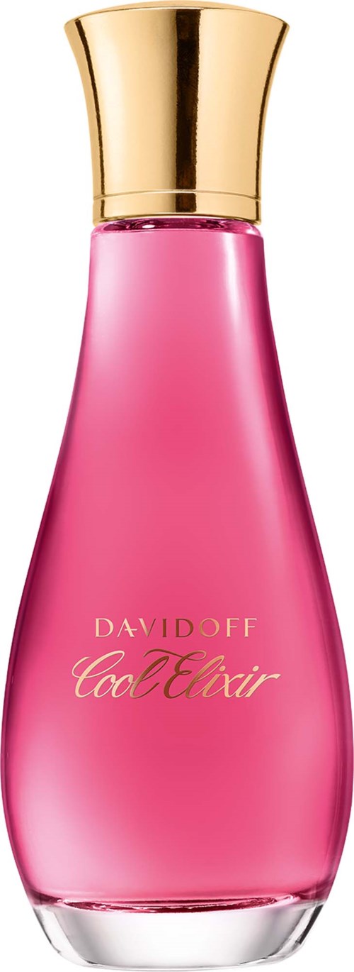 Pink perfume bottle with a gold cap and the label Davidoff Cool Elixir.
