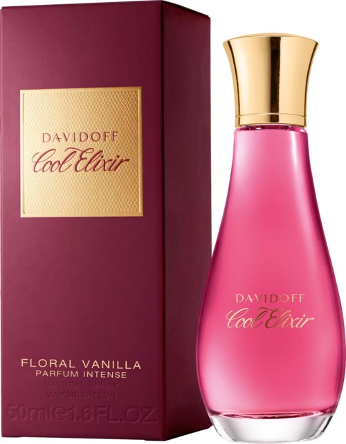 A pink perfume bottle with gold cap next to a matching box labeled Davidoff Cool Elixir Floral Vanilla.