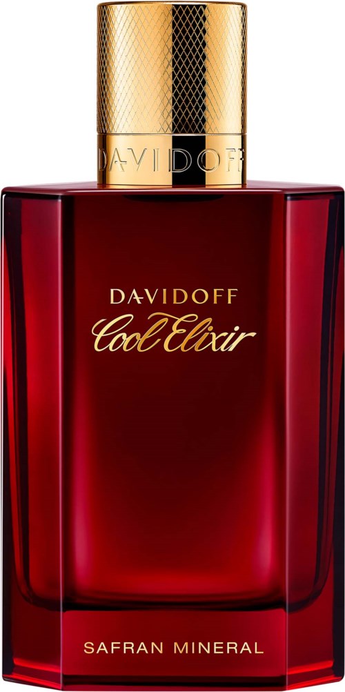 Een rode parfumfles met een gouden dop en gouden tekst, gelabeld Davidoff Cool Elixir en Safran Mineral.