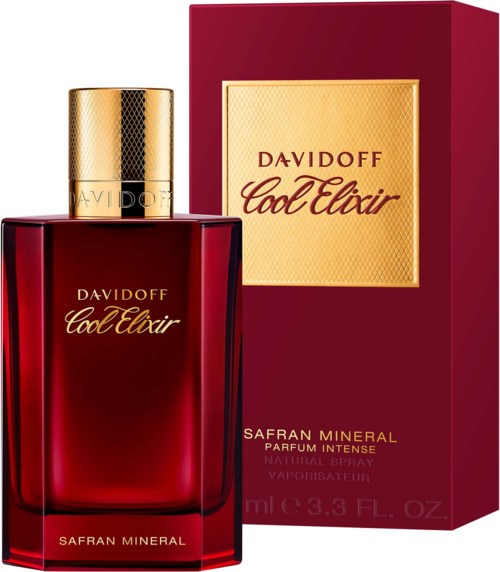 Een rode parfumfles met een gouden dop, gemerkt Davidoff Cool Elixir, naast de bijpassende rode en gouden doos.